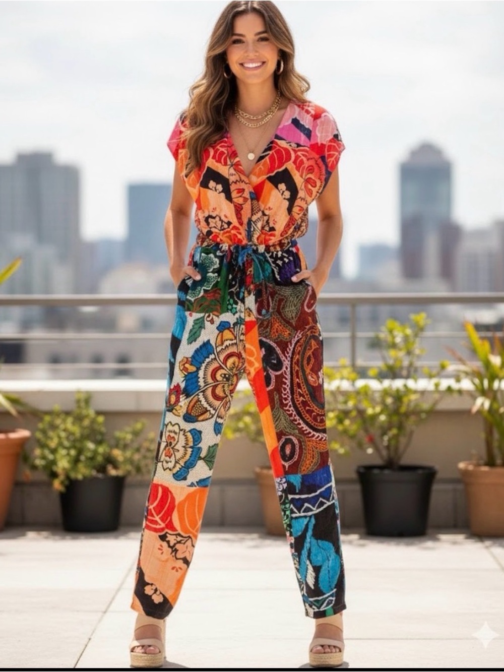 DESIGUAL Boho Patchwork Mixed Print Jumpsuit “Life is Awesome” - Size Large